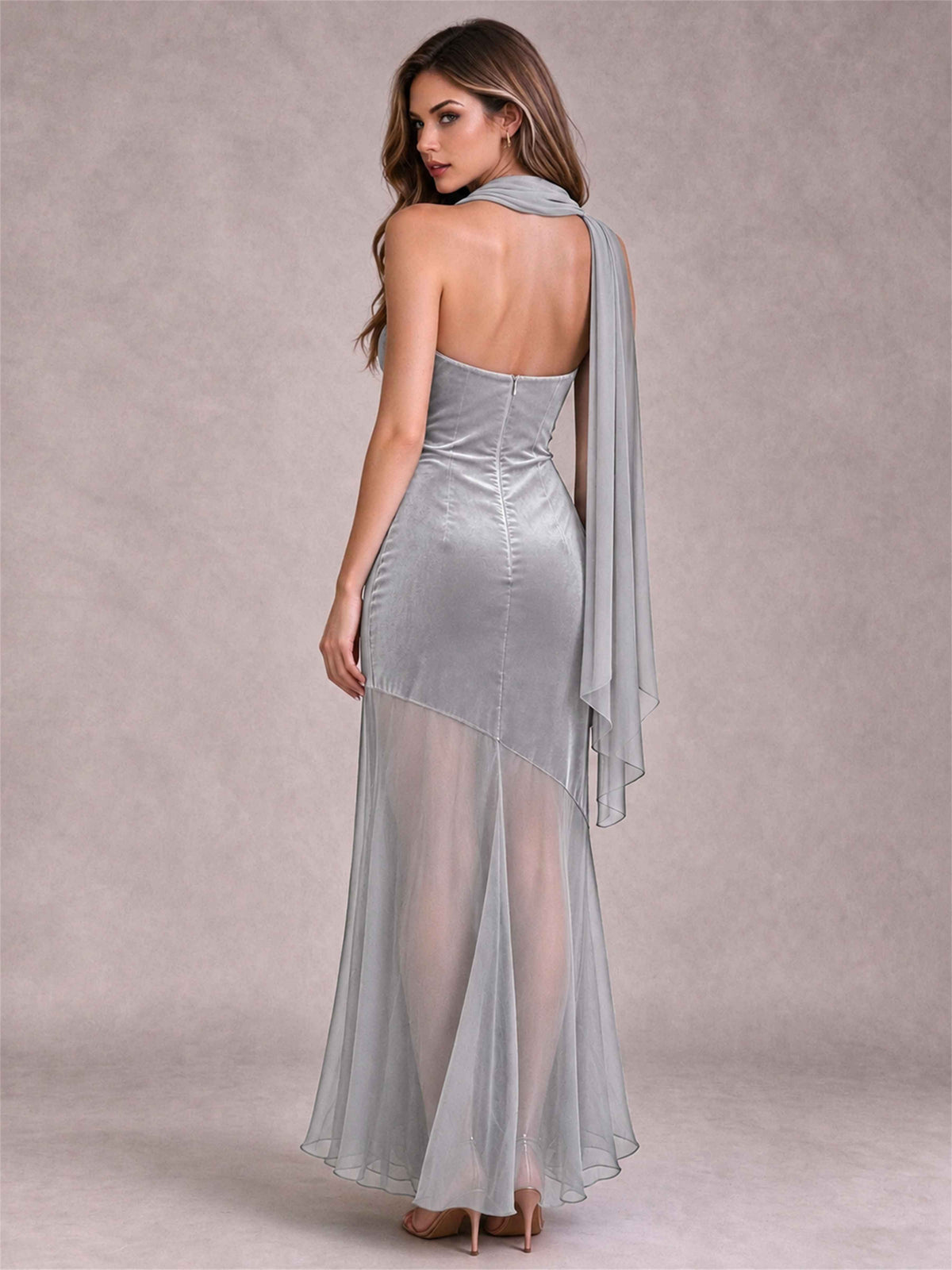 Elegant Strapless Mermaid Velvet Floor-Length Wedding Guest Dress with Scarf and Split Side