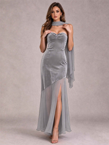 Elegant Strapless Mermaid Velvet Floor-Length Wedding Guest Dress with Scarf and Split Side