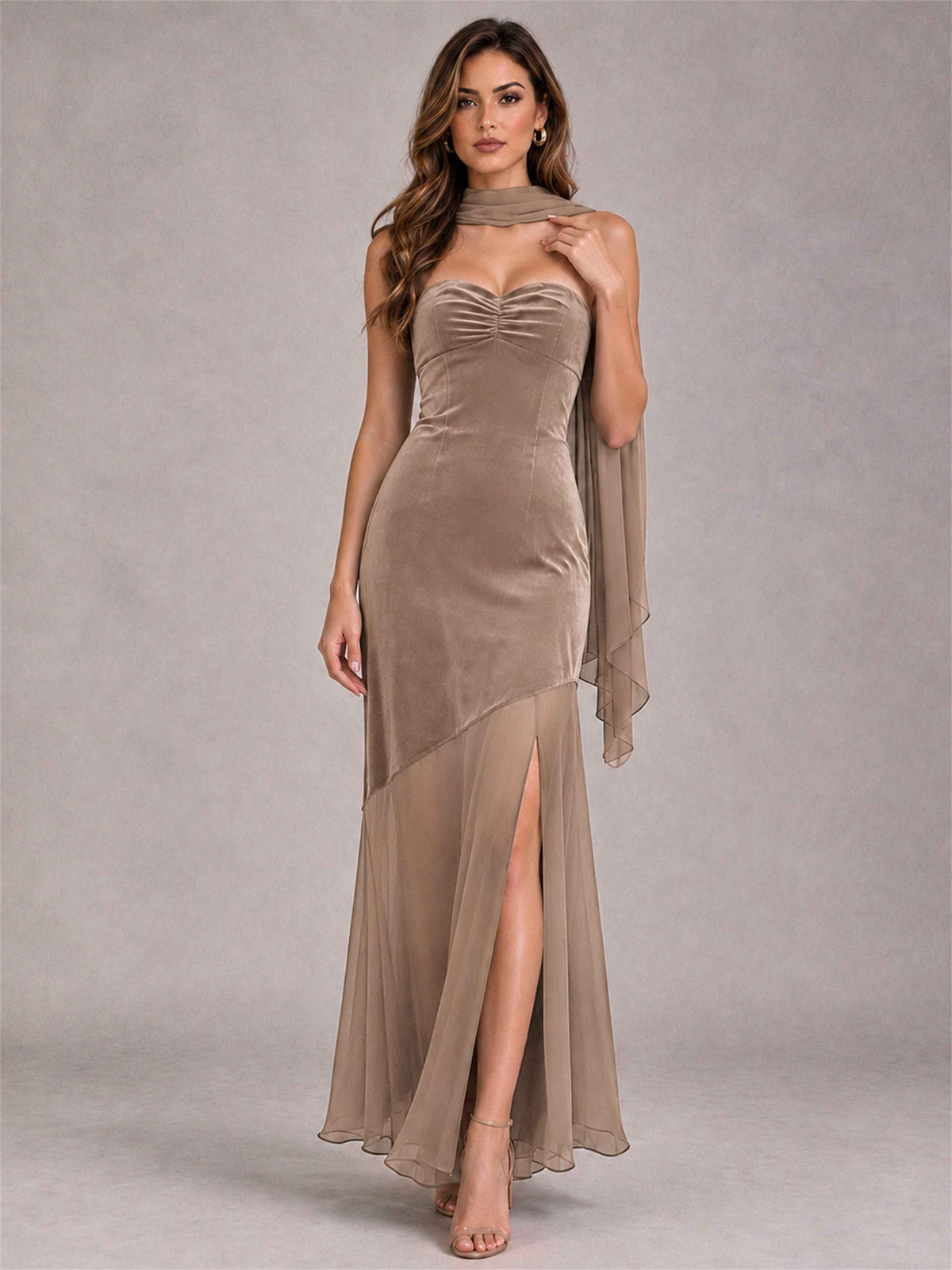 Elegant Strapless Mermaid Velvet Floor-Length Wedding Guest Dress with Scarf and Split Side