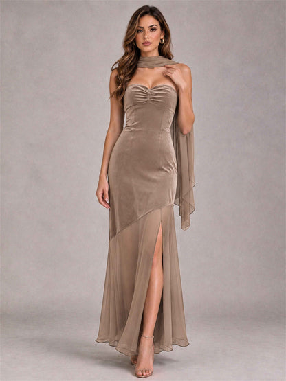 Elegant Strapless Mermaid Velvet Floor-Length Wedding Guest Dress with Scarf and Split Side