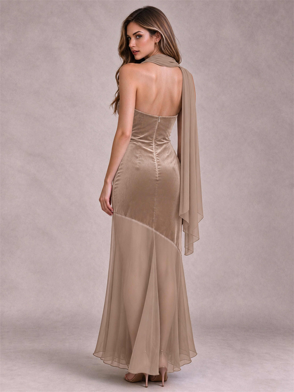 Elegant Strapless Mermaid Velvet Floor-Length Wedding Guest Dress with Scarf and Split Side