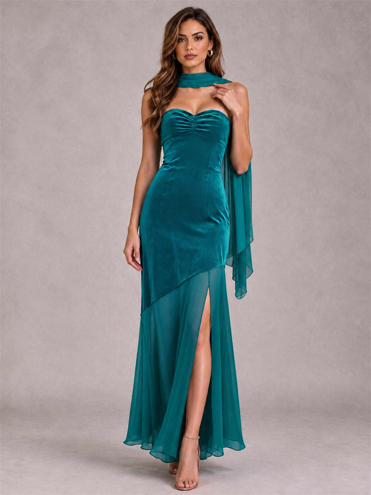 Elegant Strapless Mermaid Velvet Floor-Length Wedding Guest Dress with Scarf and Split Side