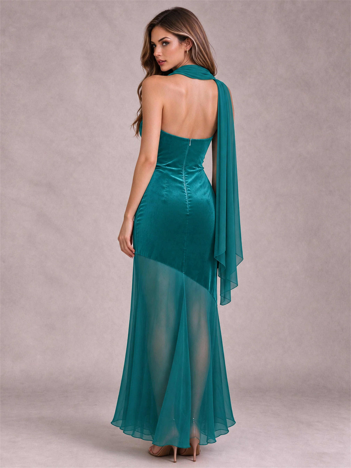 Elegant Strapless Mermaid Velvet Floor-Length Wedding Guest Dress with Scarf and Split Side