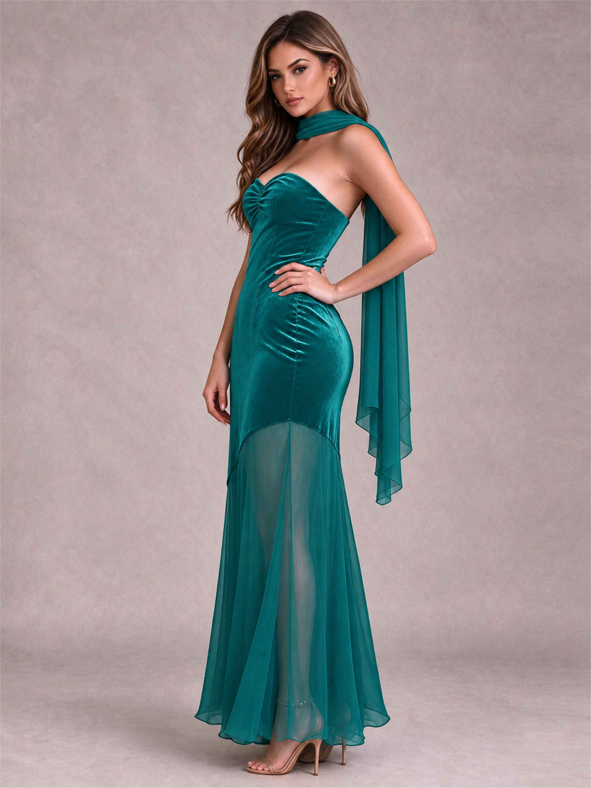 Elegant Strapless Mermaid Velvet Floor-Length Wedding Guest Dress with Scarf and Split Side