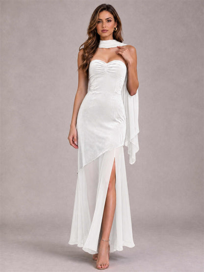 Elegant Strapless Mermaid Velvet Floor-Length Wedding Guest Dress with Scarf and Split Side