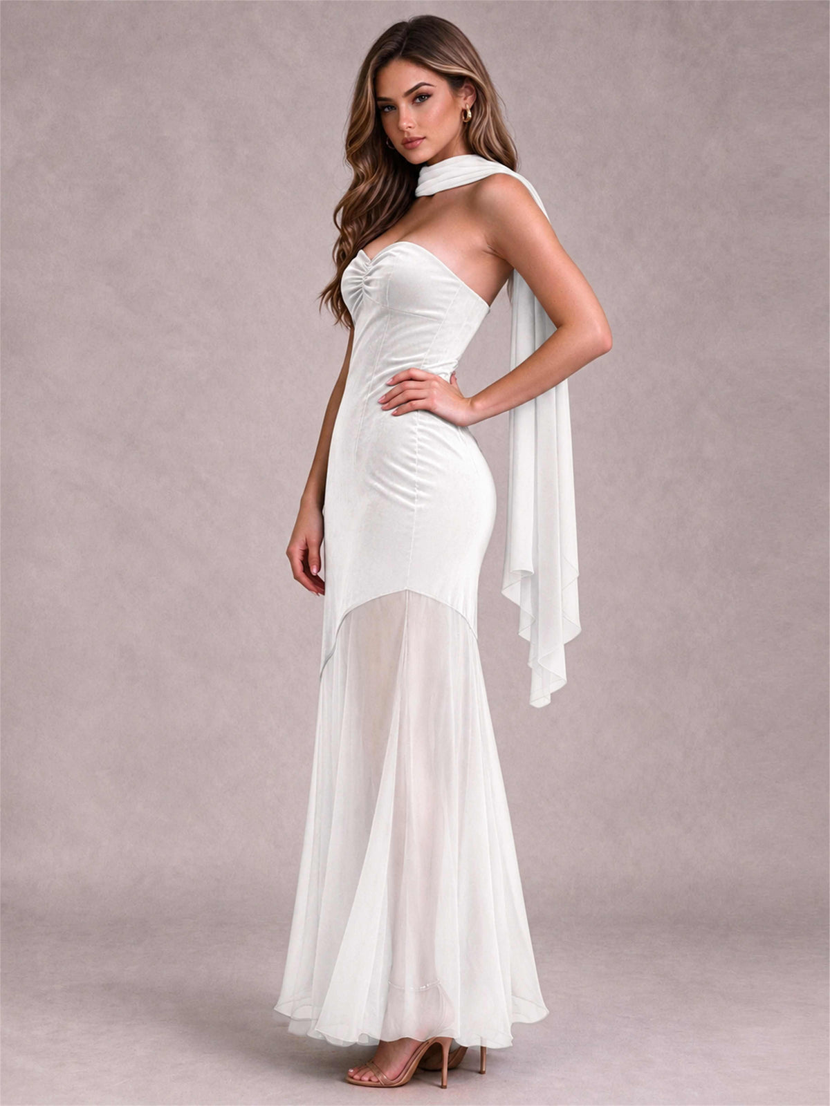 Elegant Strapless Mermaid Velvet Floor-Length Wedding Guest Dress with Scarf and Split Side