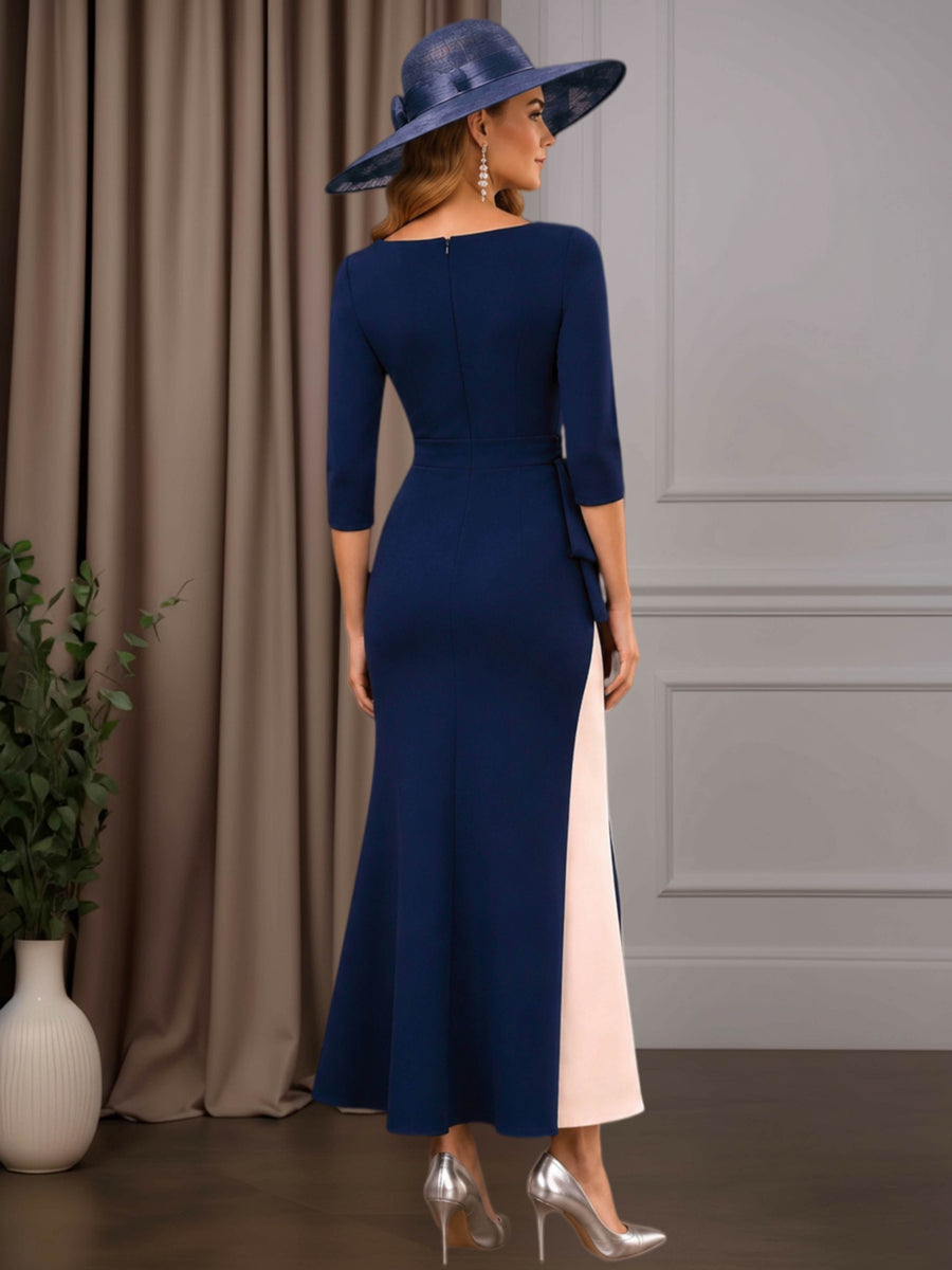 As Picture Elegant Tea-Length Boat Neck Half Sleeves Sequined Mother of the Bride Dress with Bow