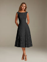 Free Shipping Elegant Tea Length Floral Lace Bridesmaid Dress with Boat Neck and Lace-Up Back