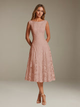 Free Shipping Elegant Tea Length Floral Lace Bridesmaid Dress with Boat Neck and Lace-Up Back
