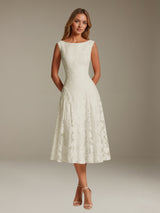 Free Shipping Elegant Tea Length Floral Lace Bridesmaid Dress with Boat Neck and Lace-Up Back