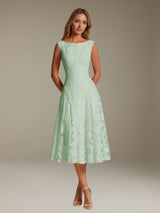 Free Shipping Elegant Tea Length Floral Lace Bridesmaid Dress with Boat Neck and Lace-Up Back