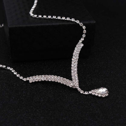 2 Set Elegant Silver Teardrop Crystal Jewelry Set with Necklace & Matching Earrings