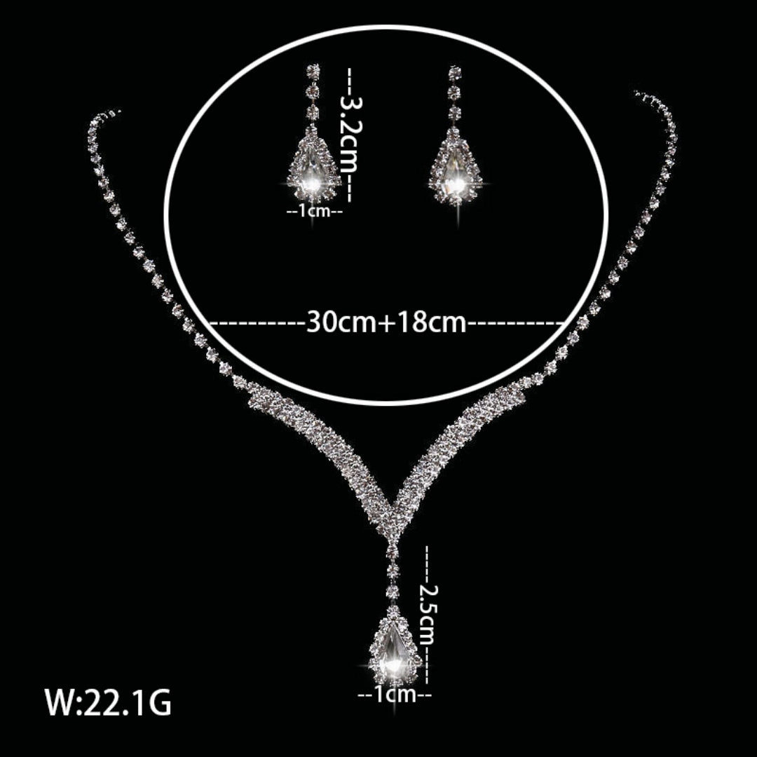 2 Set Elegant Silver Teardrop Crystal Jewelry Set with Necklace & Matching Earrings