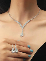 2 Set Elegant Silver Teardrop Crystal Jewelry Set with Necklace & Matching Earrings