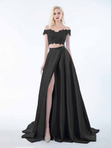 Elegant Two Piece Lace Off The Shoulder Sweep Train Satin Bridesmaid Dresses
