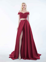 Elegant Two Piece Lace Off The Shoulder Sweep Train Satin Bridesmaid Dresses