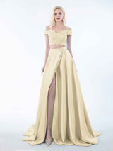 Elegant Two Piece Lace Off The Shoulder Sweep Train Satin Bridesmaid Dresses