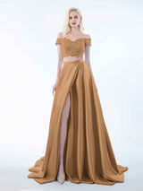 Elegant Two Piece Lace Off The Shoulder Sweep Train Satin Bridesmaid Dresses