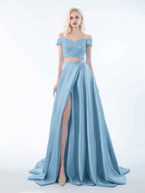 Elegant Two Piece Lace Off The Shoulder Sweep Train Satin Bridesmaid Dresses