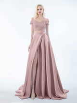 Elegant Two Piece Lace Off The Shoulder Sweep Train Satin Bridesmaid Dresses