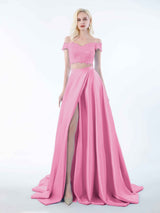 Elegant Two Piece Lace Off The Shoulder Sweep Train Satin Bridesmaid Dresses