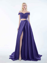 Elegant Two Piece Lace Off The Shoulder Sweep Train Satin Bridesmaid Dresses