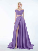 Elegant Two Piece Lace Off The Shoulder Sweep Train Satin Bridesmaid Dresses