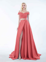Elegant Two Piece Lace Off The Shoulder Sweep Train Satin Bridesmaid Dresses