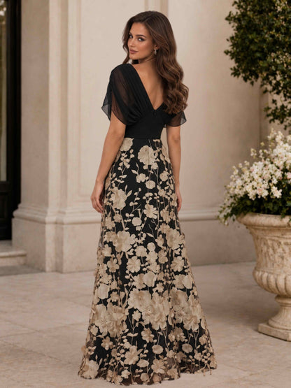 Free Shipping Elegant V-Neck A-Line 3D Floral Appliques Floor-Length Wedding Guest Dress with Flutter Sleeves
