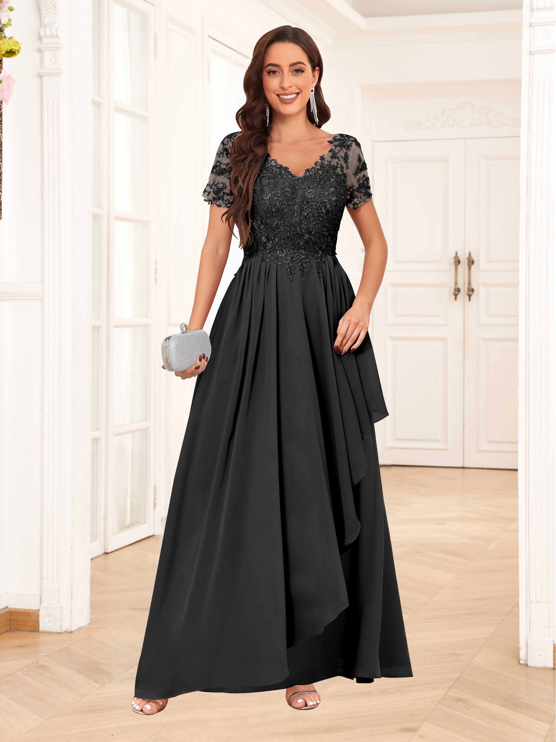 Elegant V-Neck Short Sleeves Lace Chiffon Long Mother Of The Bride Dre mollyevers.com Elegant V-Neck Short Sleeves Lace Chiffon Long Mother Of The Bride Dre mollyevers.com