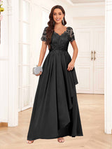 Elegant V-Neck Short Sleeves Lace Chiffon Long Mother Of The Bride Dresses