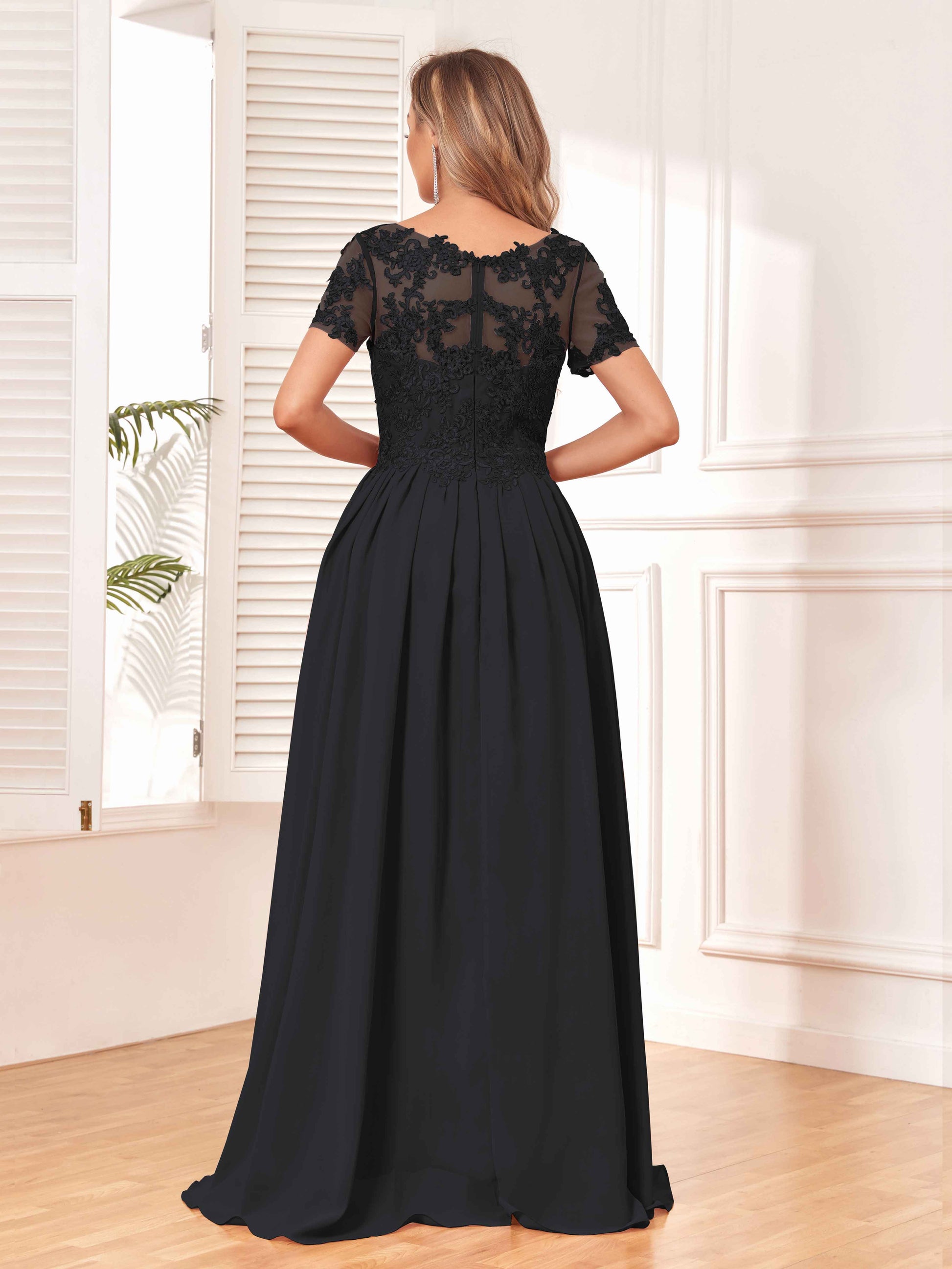 Elegant V-Neck Short Sleeves Lace Chiffon Long Mother Of The Bride Dre mollyevers.com Elegant V-Neck Short Sleeves Lace Chiffon Long Mother Of The Bride Dre mollyevers.com