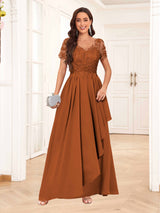 Elegant V-Neck Short Sleeves Lace Chiffon Long Mother Of The Bride Dresses