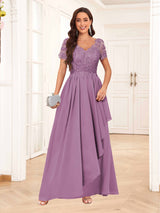 Elegant V-Neck Short Sleeves Lace Chiffon Long Mother Of The Bride Dresses