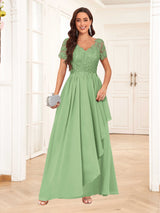Elegant V-Neck Short Sleeves Lace Chiffon Long Mother Of The Bride Dresses