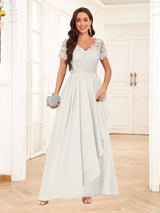 Elegant V-Neck Short Sleeves Lace Chiffon Long Mother Of The Bride Dresses