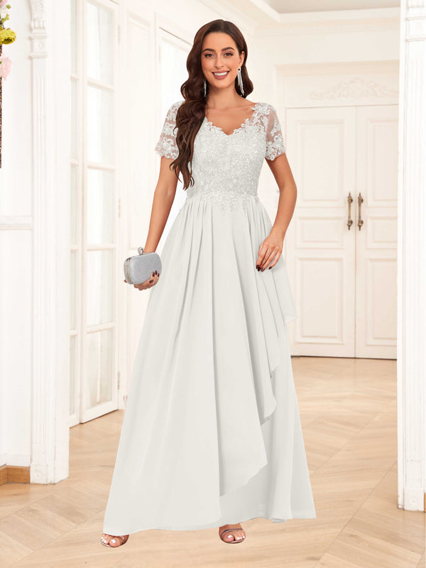 Ivory Elegant V-Neck Short Sleeves Lace Chiffon Long Mother Of The Bride Dresses