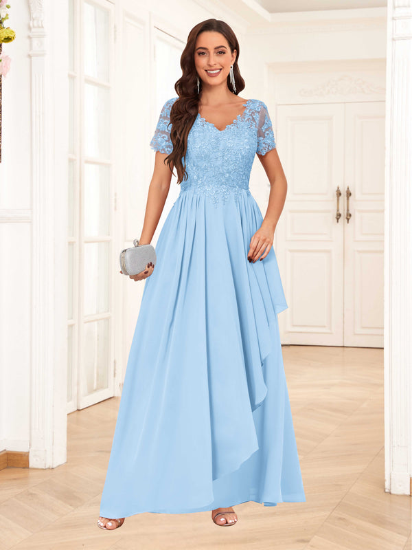 Light Blue Elegant V-Neck Short Sleeves Lace Chiffon Long Mother Of The Bride Dresses