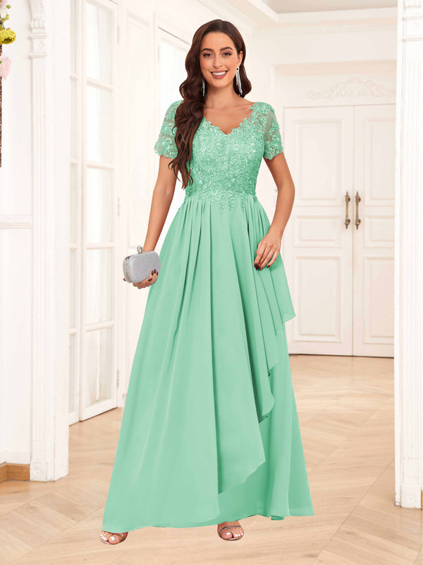 Mint Green Elegant V-Neck Short Sleeves Lace Chiffon Long Mother Of The Bride Dresses