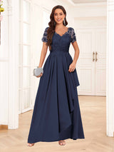 Elegant V-Neck Short Sleeves Lace Chiffon Long Mother Of The Bride Dresses
