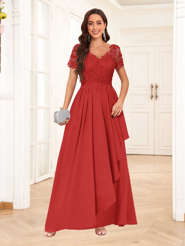 Red Elegant V-Neck Short Sleeves Lace Chiffon Long Mother Of The Bride Dresses