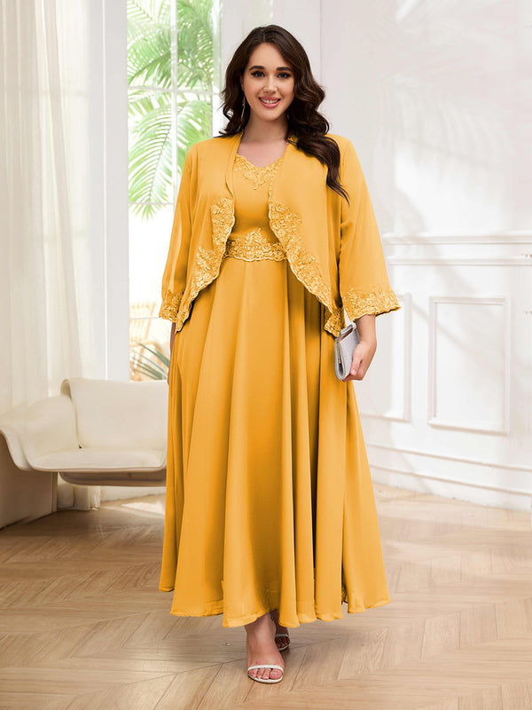 Mustard Embellished Two Pieces Appliques Plus Size Mother Of The Bride Dresses