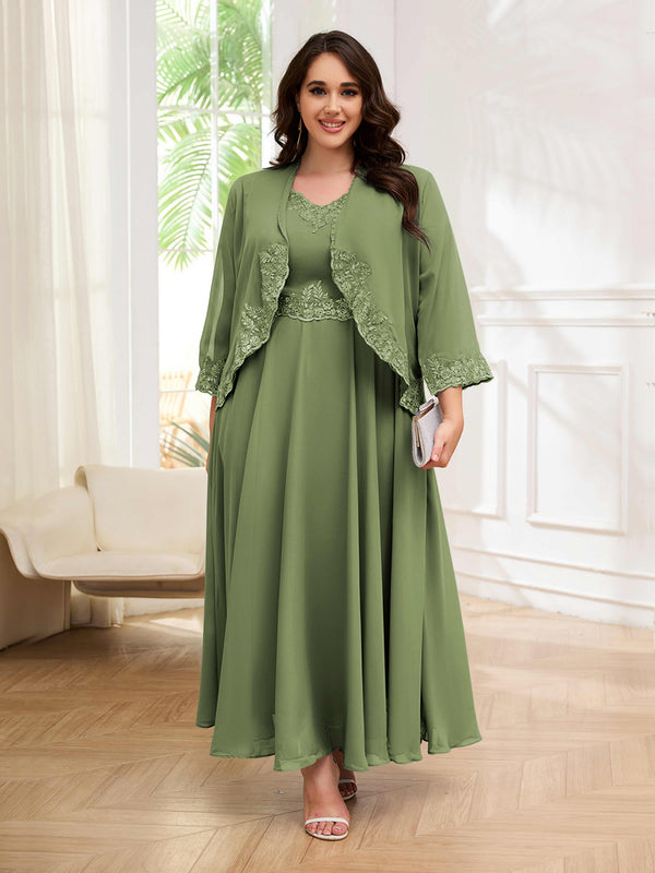 Olive Green Embellished Two Pieces Appliques Plus Size Mother Of The Bride Dresses