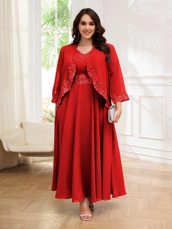 Red Embellished Two Pieces Appliques Plus Size Mother Of The Bride Dresses
