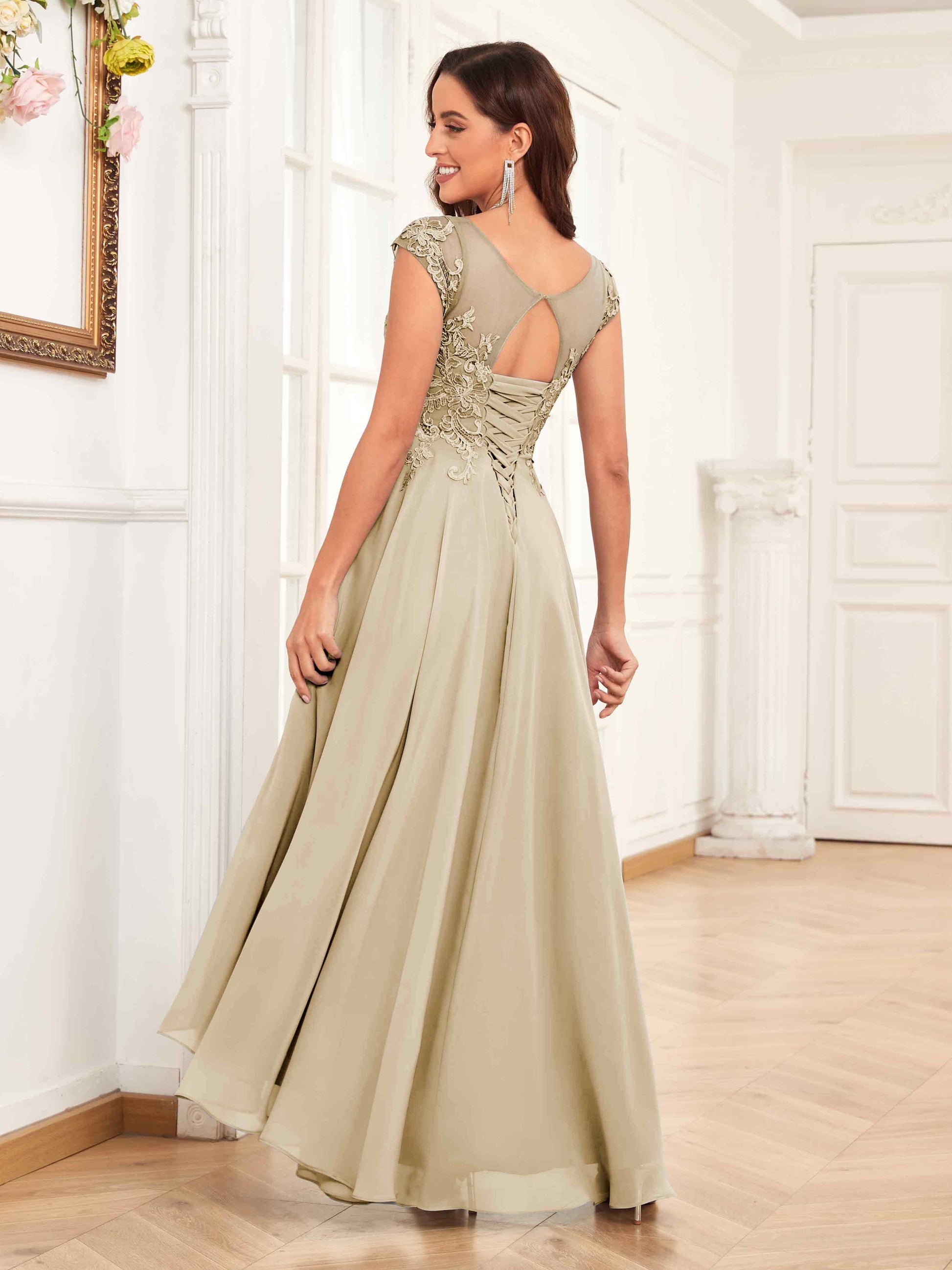 Slimming Dresses Cap Sleeve Mother Of The Bride Dress Enchanting Appliques High Low Chiffon Lace Mother Slimming Dresses Cap Sleeve Mother Of The Bride Dress Enchanting Appliques High Low Chiffon Lace Mother