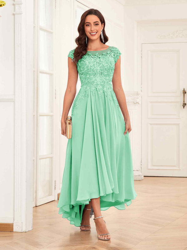Mint Green Enchanting Appliques High Low Chiffon Lace Mother Of The Bride Dresses