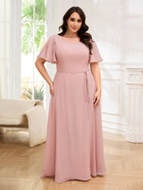 Enchanting Scoop Short Sleeves Floor Length Plus Size Bridesmaid Dresses With Pockets