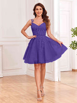 Exquisite Appliques Spaghetti Straps Mini Tulle Homecoming Dresses