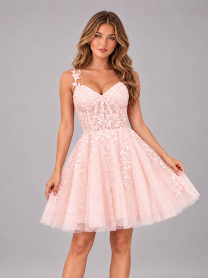 Blush Pink Exquisite Appliques Spaghetti Straps Mini Tulle Homecoming Dresses