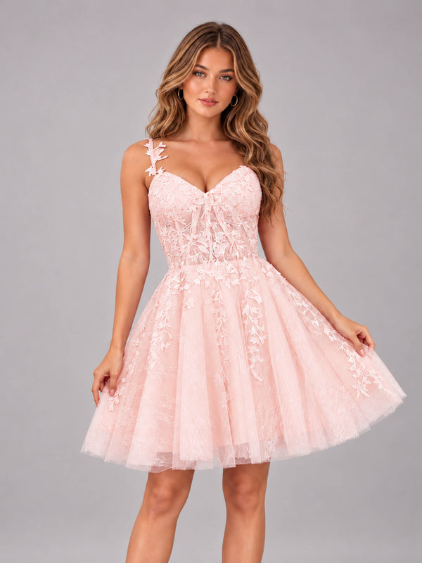 Blush Pink Exquisite Appliques Spaghetti Straps Mini Tulle Homecoming Dresses